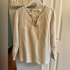 Richard Malcolm Chic Beige Irish Linen Blouse with Tie-Neck - SZ M